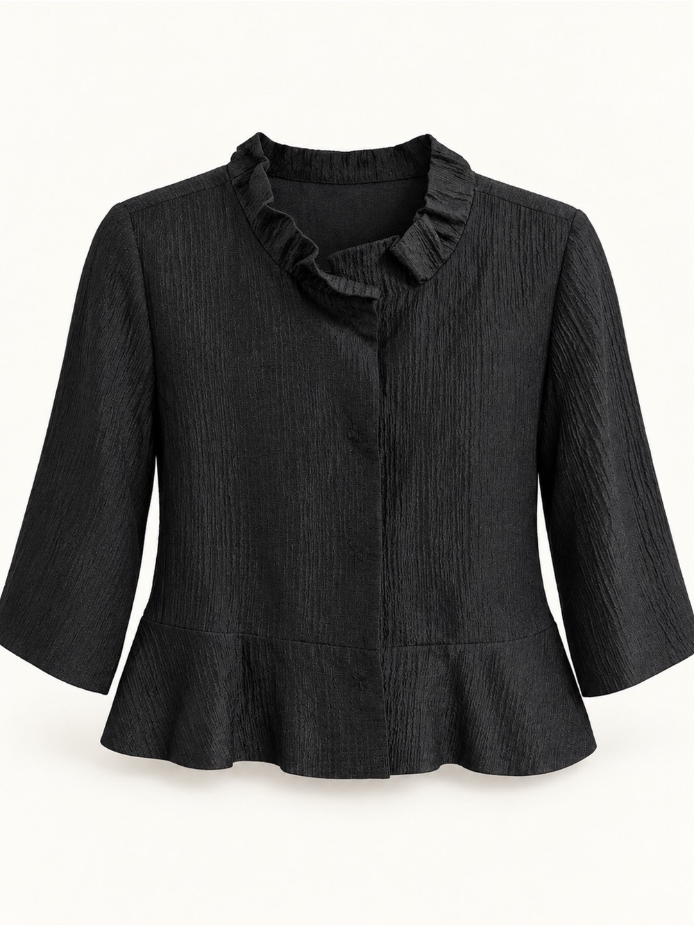 Eileen Fisher Black Crinkled Silk Ruffle Collar Peplum Jacket Size S